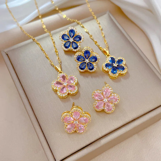 1– Stainless Steel Cherry Flower Pendant Necklace Earrings Ear Sets Wedding Bridal Cubic Zirconia Crystal Jewelry Sets Wholesale