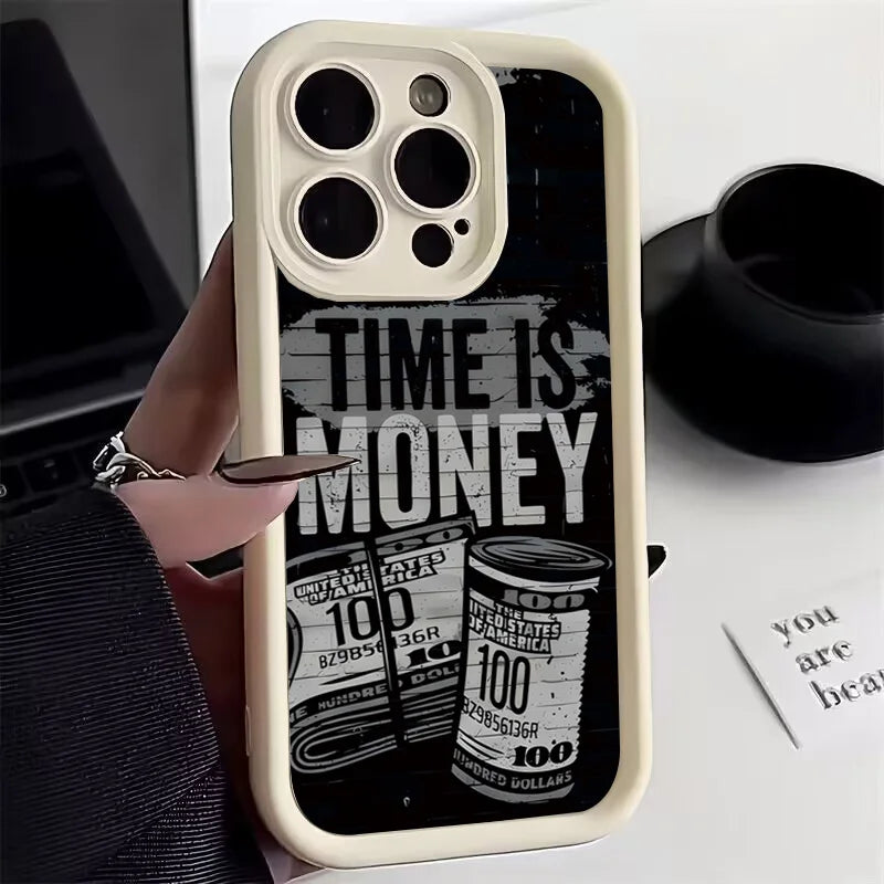 Luxury Phone Case For iPhone 16 15 14 12 11 13 Pro Max Time is Money Printed Soft Cover For iPhone 7 8 15 16 Plus X XS Case