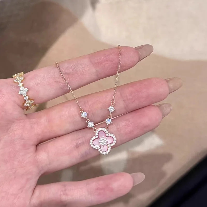 3– Fashion Pink Shell Crystal Flower Pendant Necklace For Women Pink Mother-Of-Pearl Four-Leaf Clover Jewelry Accessories