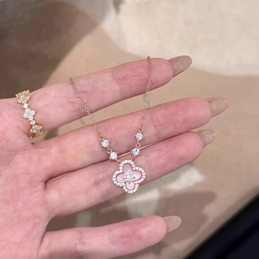 3– Fashion Pink Shell Crystal Flower Pendant Necklace For Women Pink Mother-Of-Pearl Four-Leaf Clover Jewelry Accessories