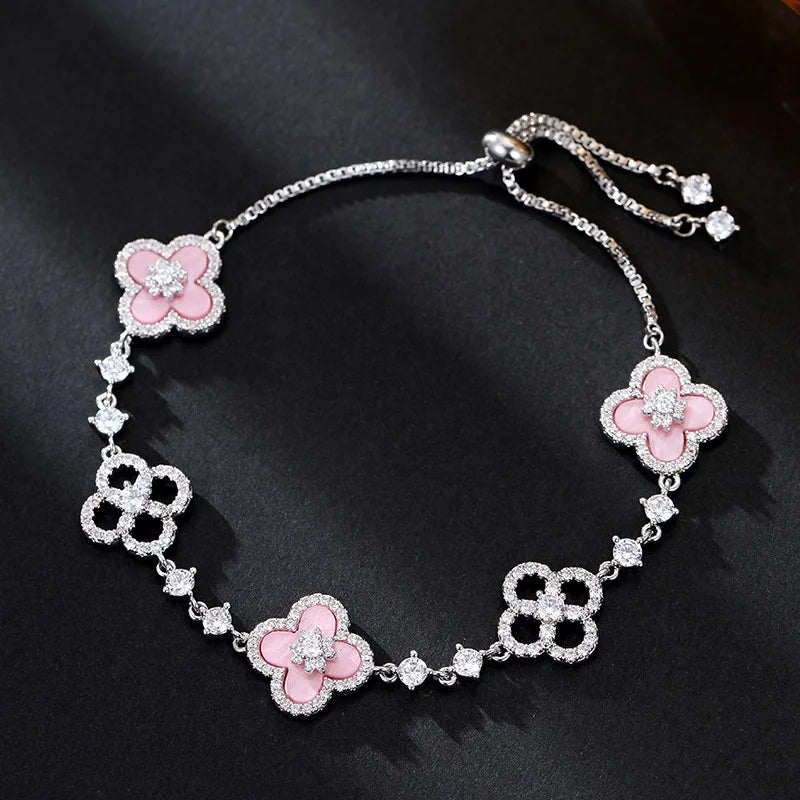 2– Fashion Shell Stone Crystal Pink Mother-Of-Pearl Four-Leaf Clover Bracelet For Women Personalized Vintage Jewelry Accessories