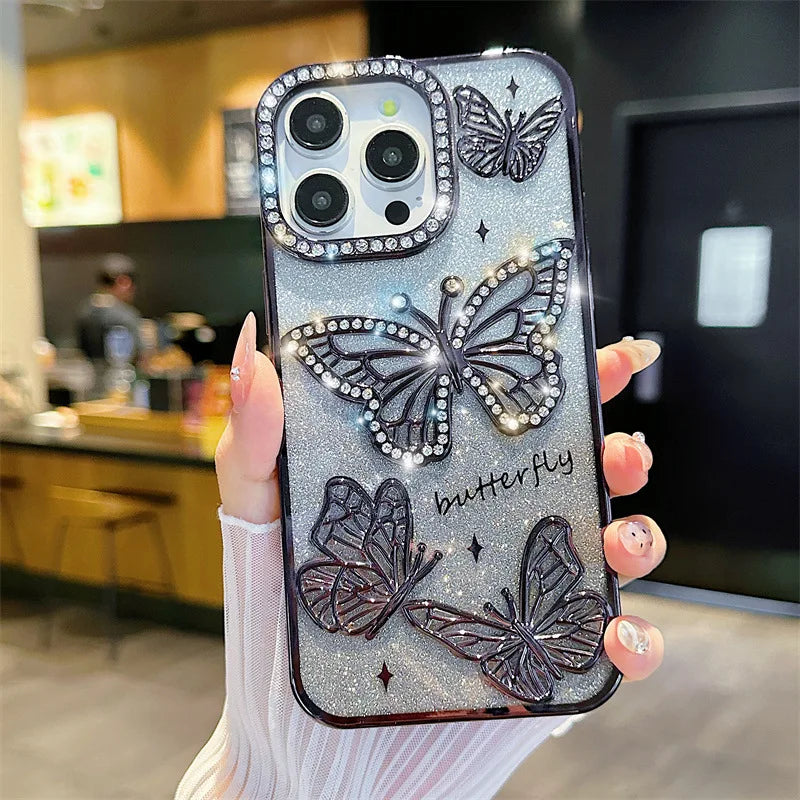 Luxury 3D Glitter Diamond Butterfly Gradient Plating Phone Case For iPhone 16 14 15 13 12 11 Pro Max Plus Shockproof Back Cover