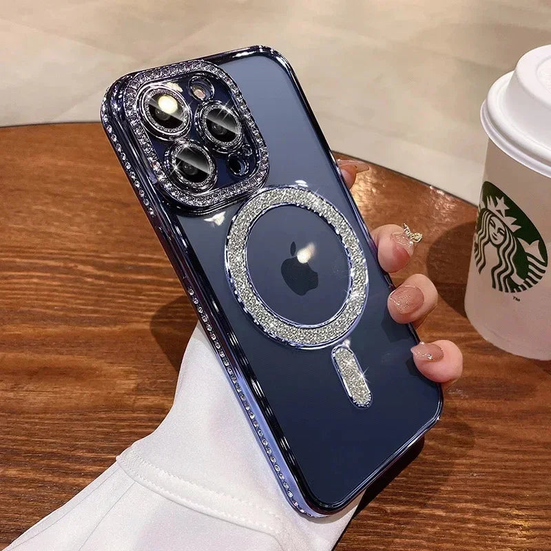 High-grade Glitter Rhinestones Phone Case For iPhone 16 15 11 12 13 14 Pro Max 16 Plus Magsafe Magnetic Clear Lens Protect Cover