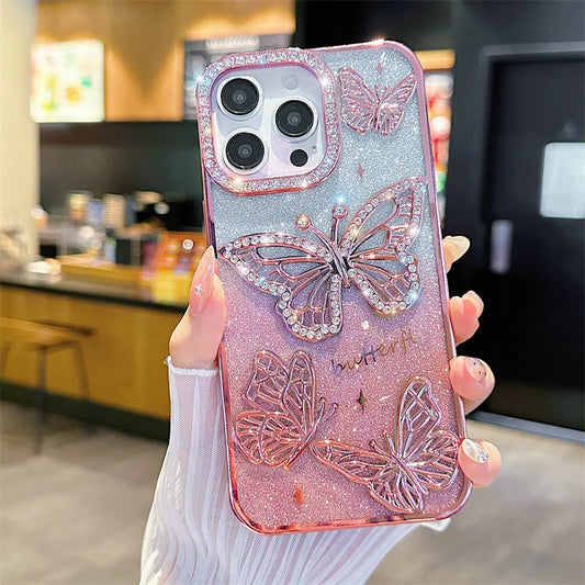 Luxury 3D Glitter Diamond Butterfly Gradient Plating Phone Case For iPhone 16 14 15 13 12 11 Pro Max Plus Shockproof Back Cover