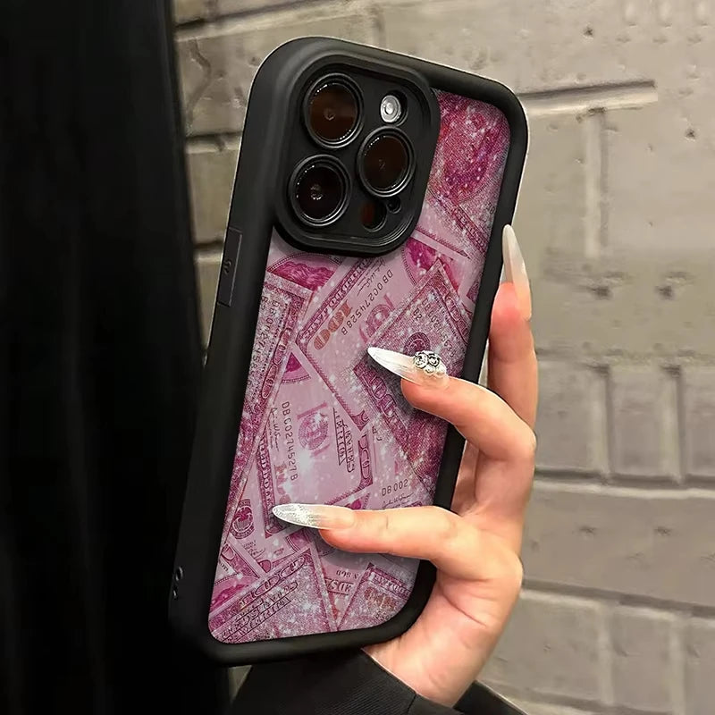 Pink Dollars Full-Coverage Banknote Design Silicone Phone Case For iPhone 16 15 14 13 12 11 Pro Max X XS XR 7 8 Plus Cover