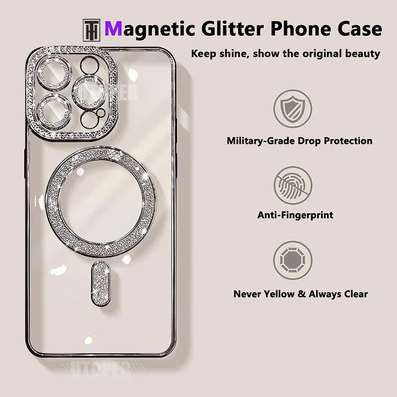 High-grade Glitter Rhinestones Phone Case For iPhone 16 15 11 12 13 14 Pro Max 16 Plus Magsafe Magnetic Clear Lens Protect Cover