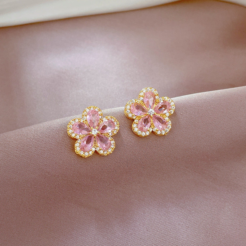 1– Stainless Steel Cherry Flower Pendant Necklace Earrings Ear Sets Wedding Bridal Cubic Zirconia Crystal Jewelry Sets Wholesale