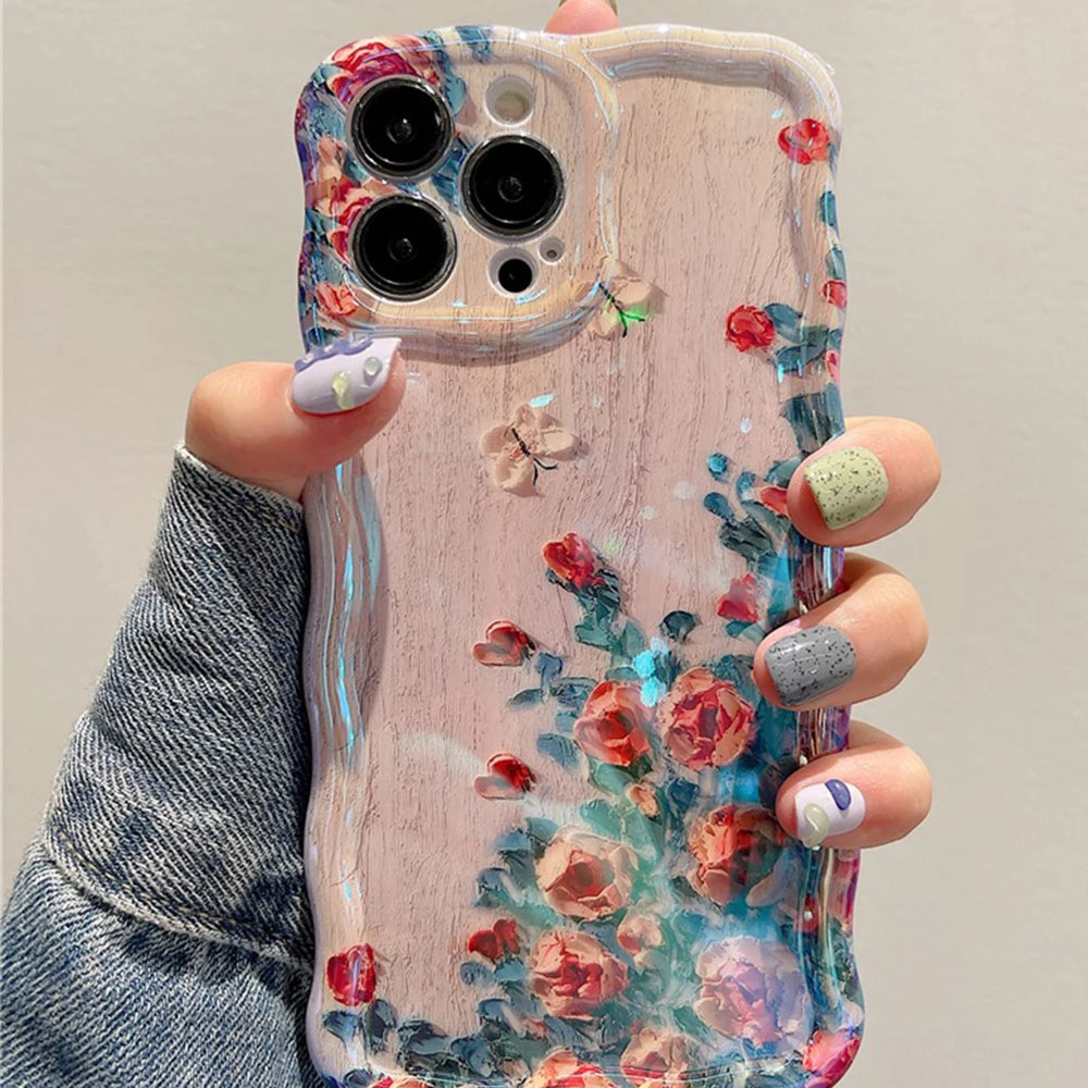 9– Retro Oil Painting Phone Case For iPhone 13 14 15 16 ProMax 12 11 Luxury Flower Print Shockproof Silicone Cover Artistic Decor