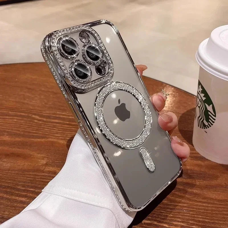 High-grade Glitter Rhinestones Phone Case For iPhone 16 15 11 12 13 14 Pro Max 16 Plus Magsafe Magnetic Clear Lens Protect Cover