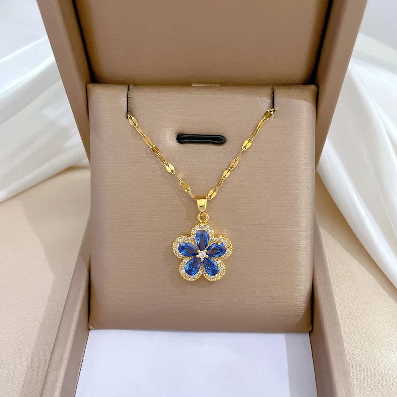 1– Stainless Steel Cherry Flower Pendant Necklace Earrings Ear Sets Wedding Bridal Cubic Zirconia Crystal Jewelry Sets Wholesale