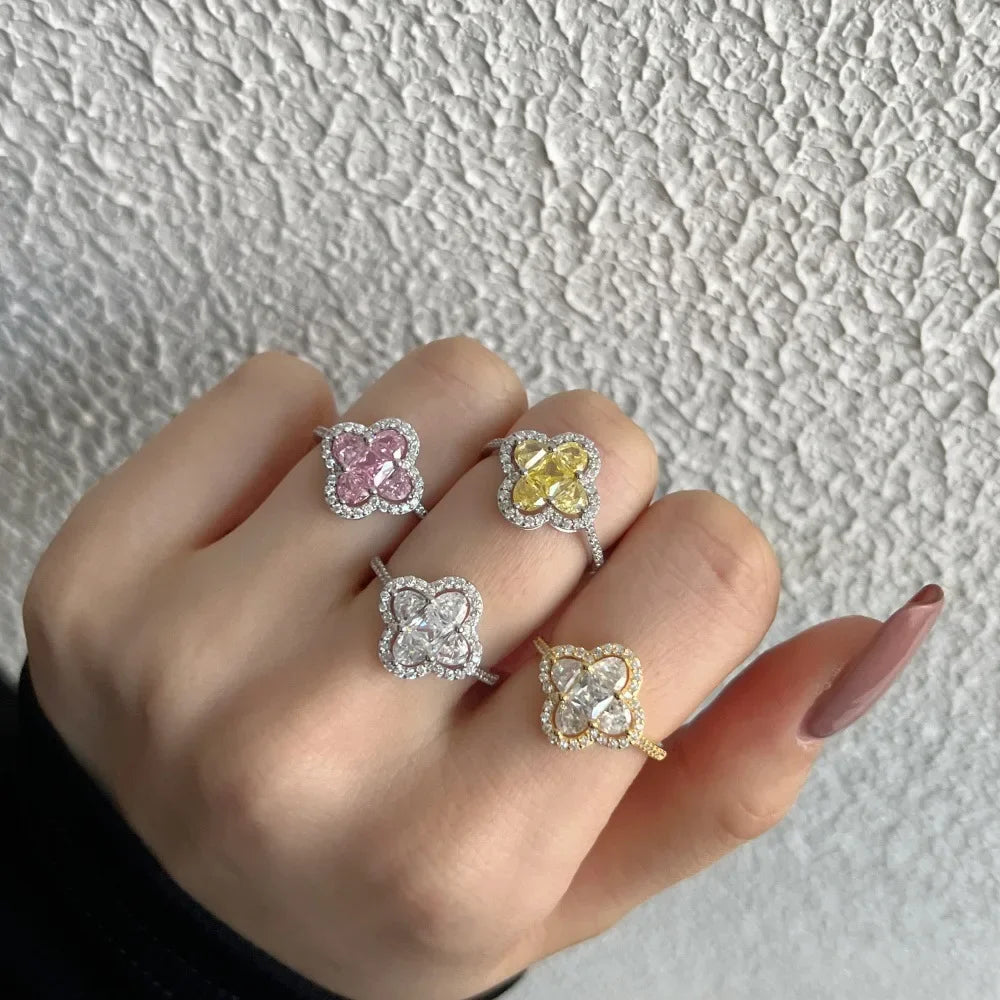 Shiny 5A Cubic Zirconia Four Clover Rings for Women CZ Lucky Ring Daily Classic Jewelry Lady Party Banquet Gifts