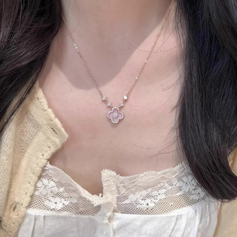 3– Fashion Pink Shell Crystal Flower Pendant Necklace For Women Pink Mother-Of-Pearl Four-Leaf Clover Jewelry Accessories