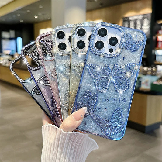 Luxury 3D Glitter Diamond Butterfly Gradient Plating Phone Case For iPhone 16 14 15 13 12 11 Pro Max Plus Shockproof Back Cover