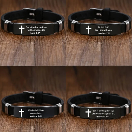 5– Bible Inspirational Words Bracelet Cross Jesus Saint Faith Sports Adjustable Stainless Steel Gifts