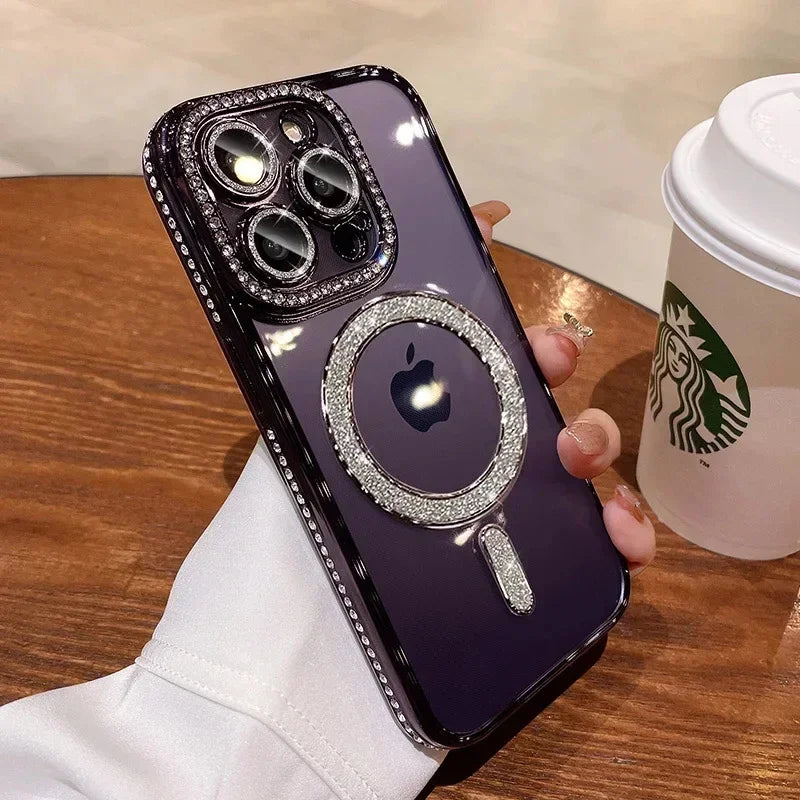 High-grade Glitter Rhinestones Phone Case For iPhone 16 15 11 12 13 14 Pro Max 16 Plus Magsafe Magnetic Clear Lens Protect Cover