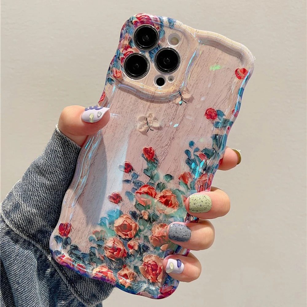 9– Retro Oil Painting Phone Case For iPhone 13 14 15 16 ProMax 12 11 Luxury Flower Print Shockproof Silicone Cover Artistic Decor