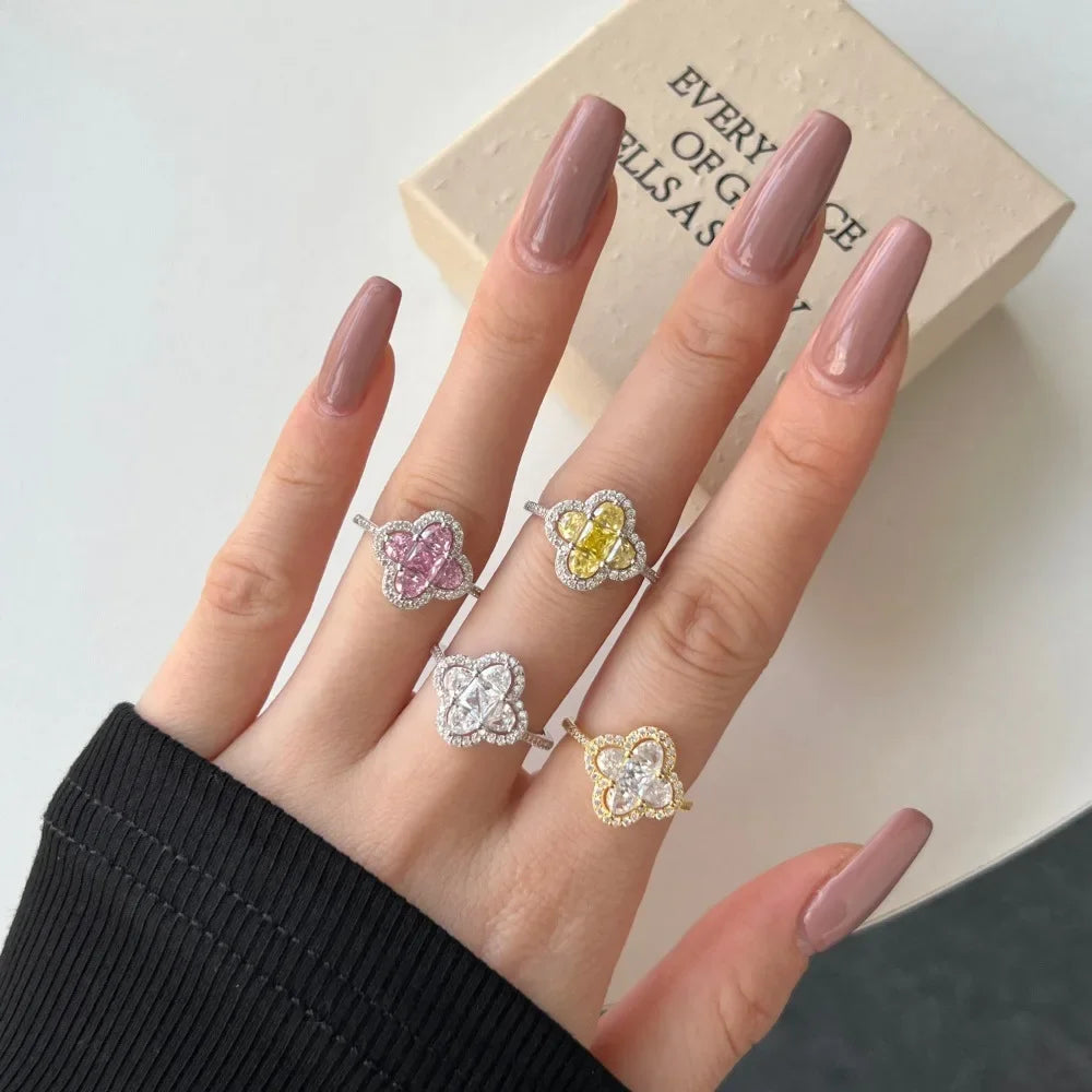 Shiny 5A Cubic Zirconia Four Clover Rings for Women CZ Lucky Ring Daily Classic Jewelry Lady Party Banquet Gifts