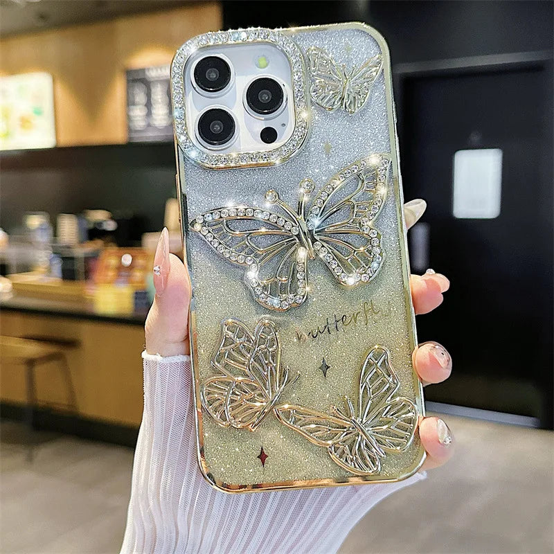 Luxury 3D Glitter Diamond Butterfly Gradient Plating Phone Case For iPhone 16 14 15 13 12 11 Pro Max Plus Shockproof Back Cover