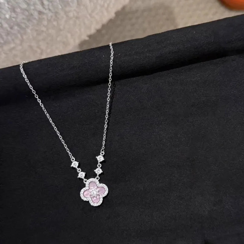 3– Fashion Pink Shell Crystal Flower Pendant Necklace For Women Pink Mother-Of-Pearl Four-Leaf Clover Jewelry Accessories