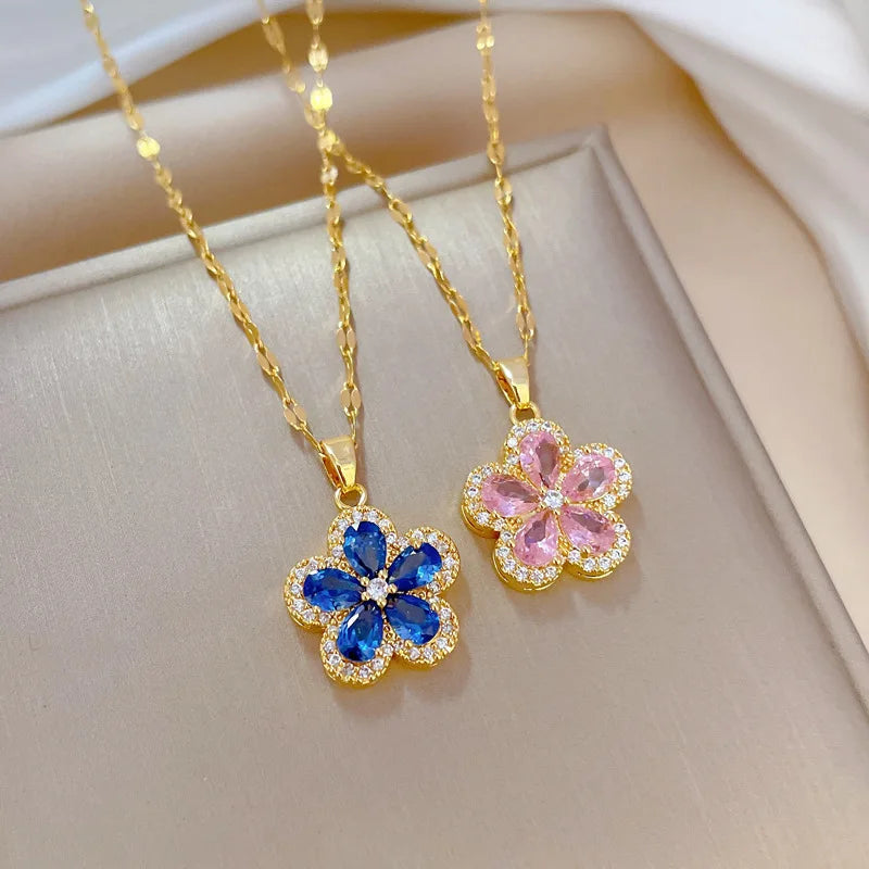 1– Stainless Steel Cherry Flower Pendant Necklace Earrings Ear Sets Wedding Bridal Cubic Zirconia Crystal Jewelry Sets Wholesale