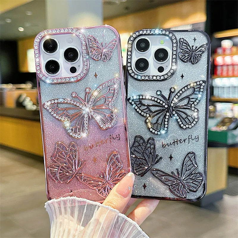Luxury 3D Glitter Diamond Butterfly Gradient Plating Phone Case For iPhone 16 14 15 13 12 11 Pro Max Plus Shockproof Back Cover