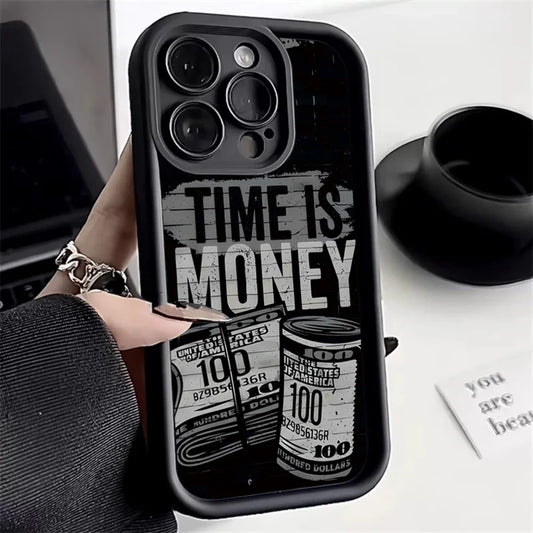 Luxury Phone Case For iPhone 16 15 14 12 11 13 Pro Max Time is Money Printed Soft Cover For iPhone 7 8 15 16 Plus X XS Case