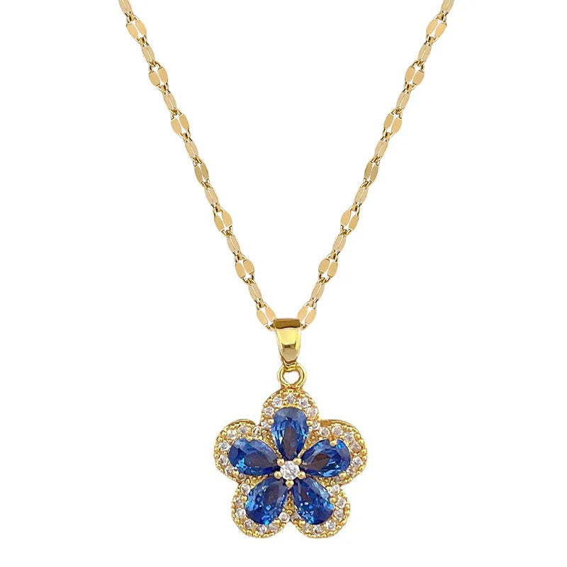 1– Stainless Steel Cherry Flower Pendant Necklace Earrings Ear Sets Wedding Bridal Cubic Zirconia Crystal Jewelry Sets Wholesale