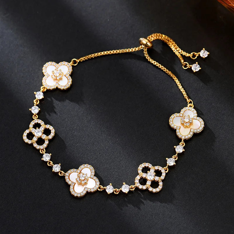 2– Fashion Shell Stone Crystal Pink Mother-Of-Pearl Four-Leaf Clover Bracelet For Women Personalized Vintage Jewelry Accessories