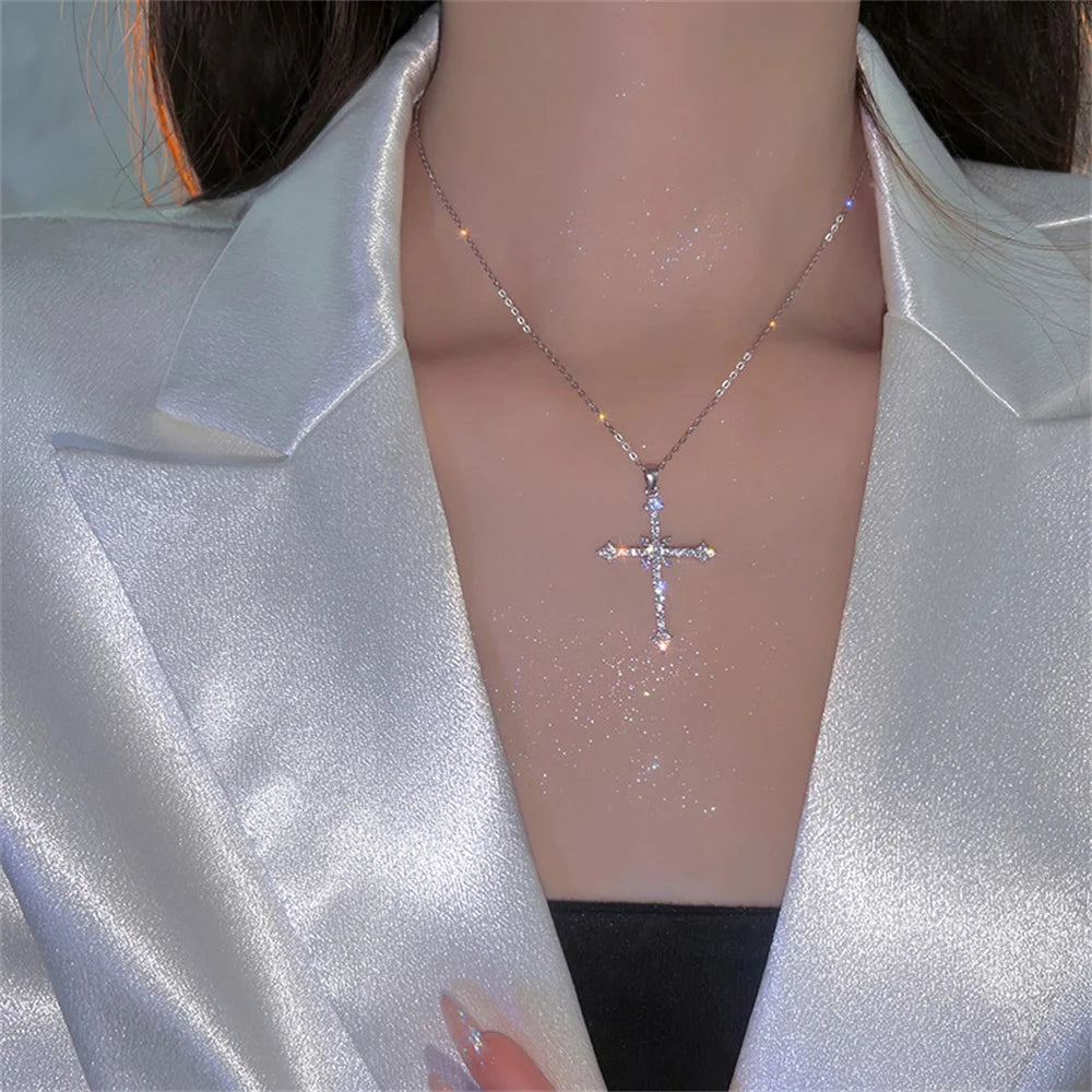4– Elegant Crystal Cross Pendant Necklace Silver Color Star Ladies Necklace Fashion Party Jewelry Women Gift Wholesale