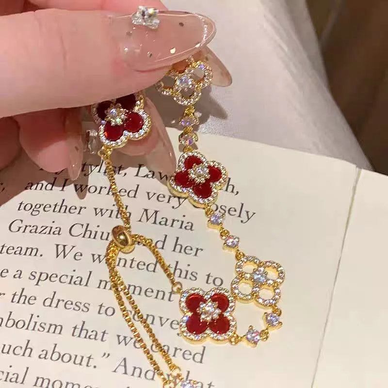 2– Fashion Shell Stone Crystal Pink Mother-Of-Pearl Four-Leaf Clover Bracelet For Women Personalized Vintage Jewelry Accessories