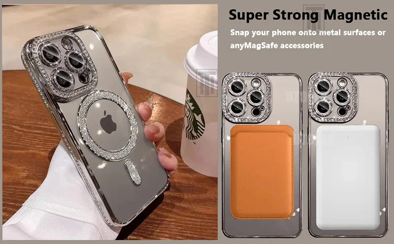 High-grade Glitter Rhinestones Phone Case For iPhone 16 15 11 12 13 14 Pro Max 16 Plus Magsafe Magnetic Clear Lens Protect Cover