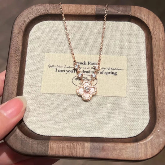 3– Fashion Pink Shell Crystal Flower Pendant Necklace For Women Pink Mother-Of-Pearl Four-Leaf Clover Jewelry Accessories