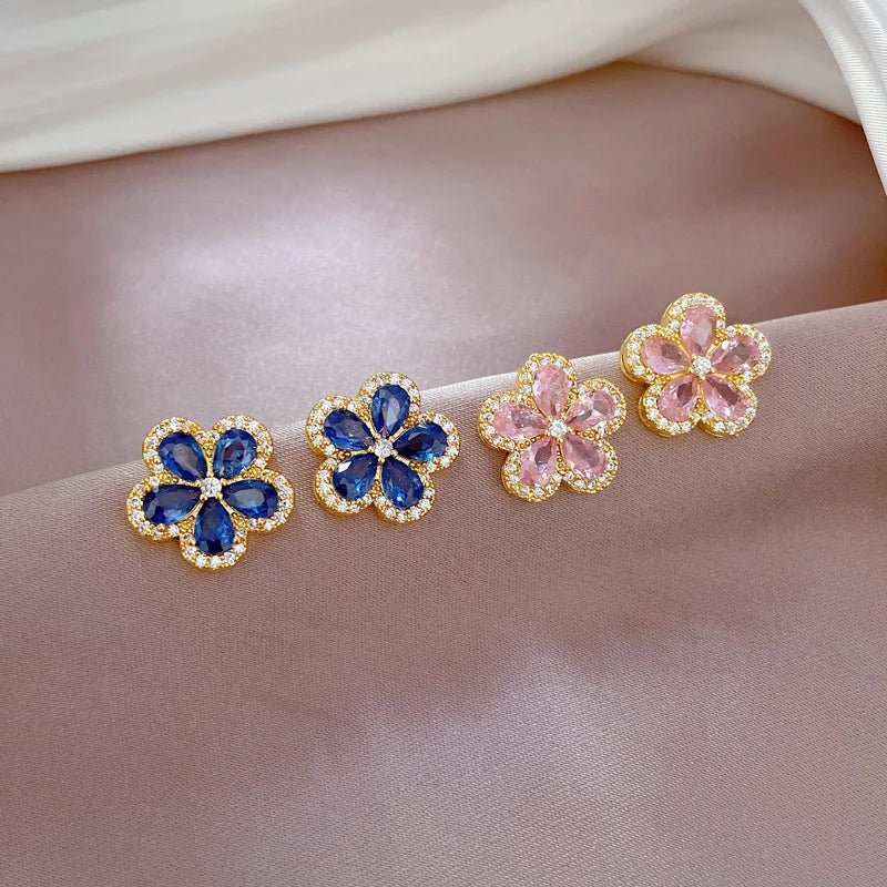 1– Stainless Steel Cherry Flower Pendant Necklace Earrings Ear Sets Wedding Bridal Cubic Zirconia Crystal Jewelry Sets Wholesale