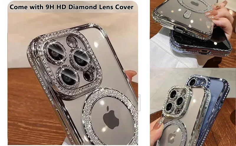 High-grade Glitter Rhinestones Phone Case For iPhone 16 15 11 12 13 14 Pro Max 16 Plus Magsafe Magnetic Clear Lens Protect Cover