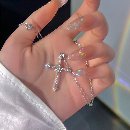 4– Elegant Crystal Cross Pendant Necklace Silver Color Star Ladies Necklace Fashion Party Jewelry Women Gift Wholesale