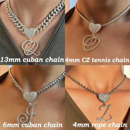 6– New A-Z Cursive Letter Heart Pendant Iced Out Cuban Necklace For Women Initial Zircon Link Chain Necklace Choker Hip hop Jewelry