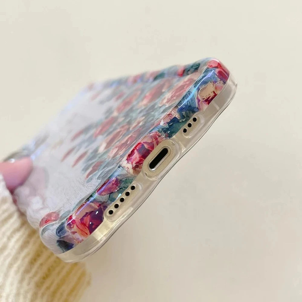 9– Retro Oil Painting Phone Case For iPhone 13 14 15 16 ProMax 12 11 Luxury Flower Print Shockproof Silicone Cover Artistic Decor