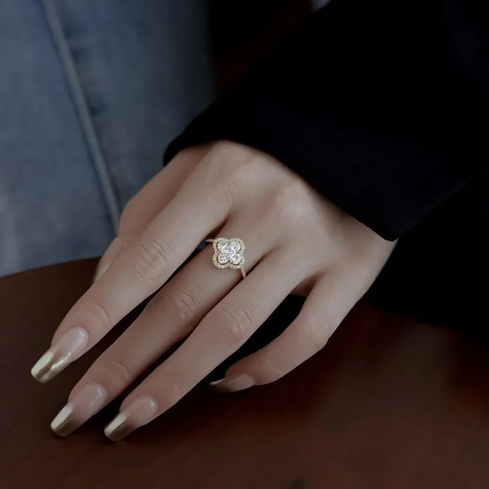 Shiny 5A Cubic Zirconia Four Clover Rings for Women CZ Lucky Ring Daily Classic Jewelry Lady Party Banquet Gifts