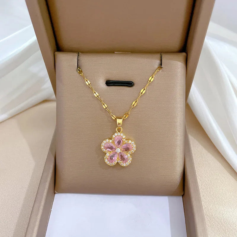 1– Stainless Steel Cherry Flower Pendant Necklace Earrings Ear Sets Wedding Bridal Cubic Zirconia Crystal Jewelry Sets Wholesale