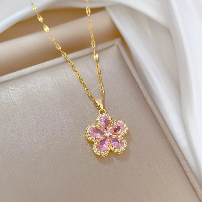 1– Stainless Steel Cherry Flower Pendant Necklace Earrings Ear Sets Wedding Bridal Cubic Zirconia Crystal Jewelry Sets Wholesale