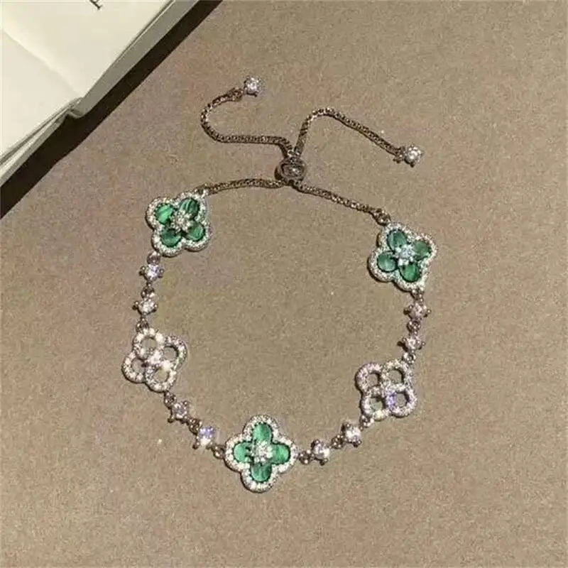 2– Fashion Shell Stone Crystal Pink Mother-Of-Pearl Four-Leaf Clover Bracelet For Women Personalized Vintage Jewelry Accessories