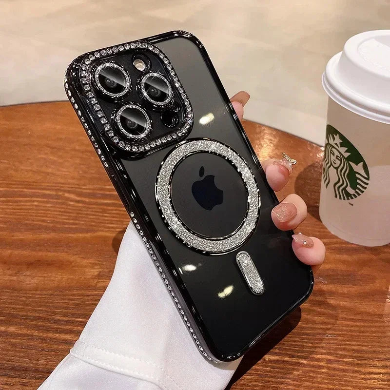 High-grade Glitter Rhinestones Phone Case For iPhone 16 15 11 12 13 14 Pro Max 16 Plus Magsafe Magnetic Clear Lens Protect Cover