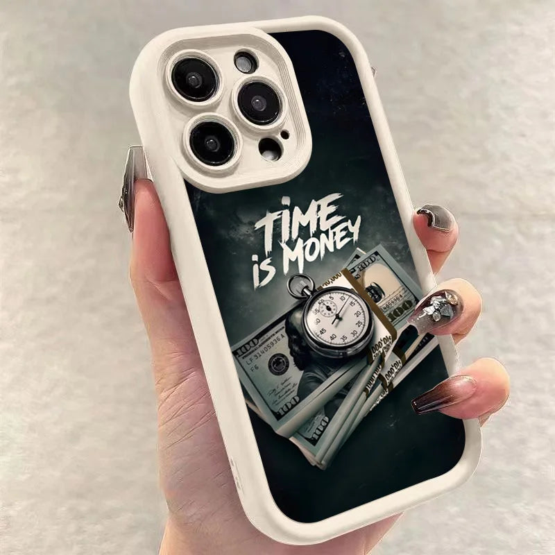 Luxury Phone Case For iPhone 16 15 14 12 11 13 Pro Max Time is Money Printed Soft Cover For iPhone 7 8 15 16 Plus X XS Case