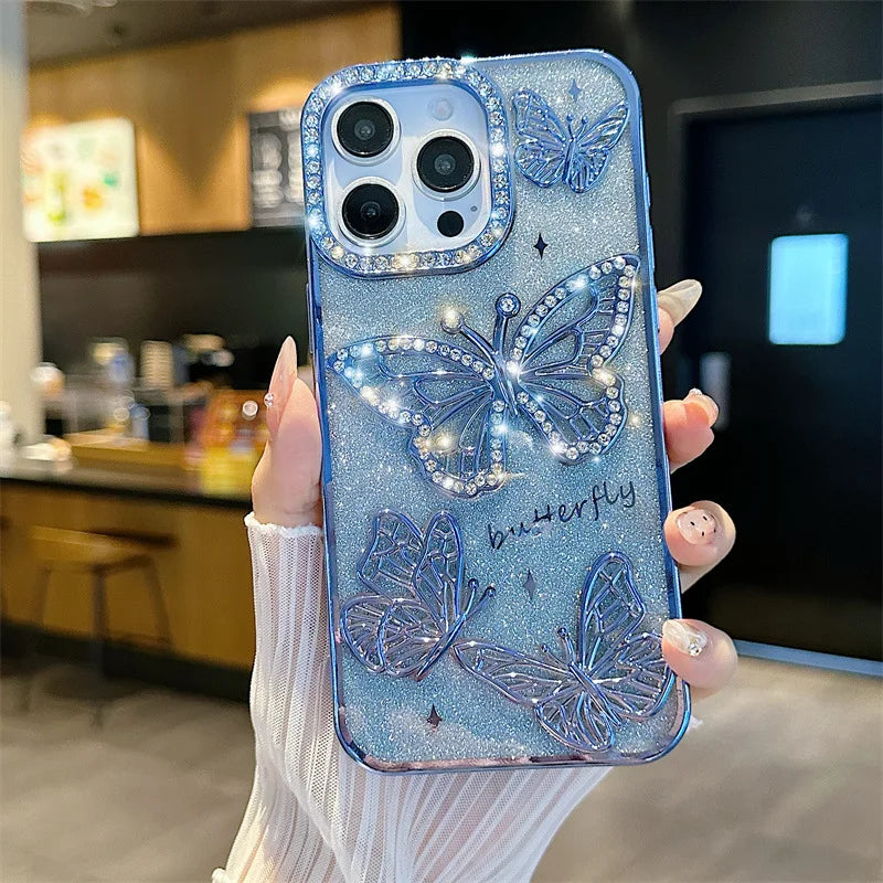 Luxury 3D Glitter Diamond Butterfly Gradient Plating Phone Case For iPhone 16 14 15 13 12 11 Pro Max Plus Shockproof Back Cover