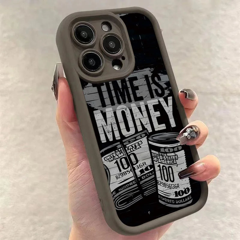 Luxury Phone Case For iPhone 16 15 14 12 11 13 Pro Max Time is Money Printed Soft Cover For iPhone 7 8 15 16 Plus X XS Case