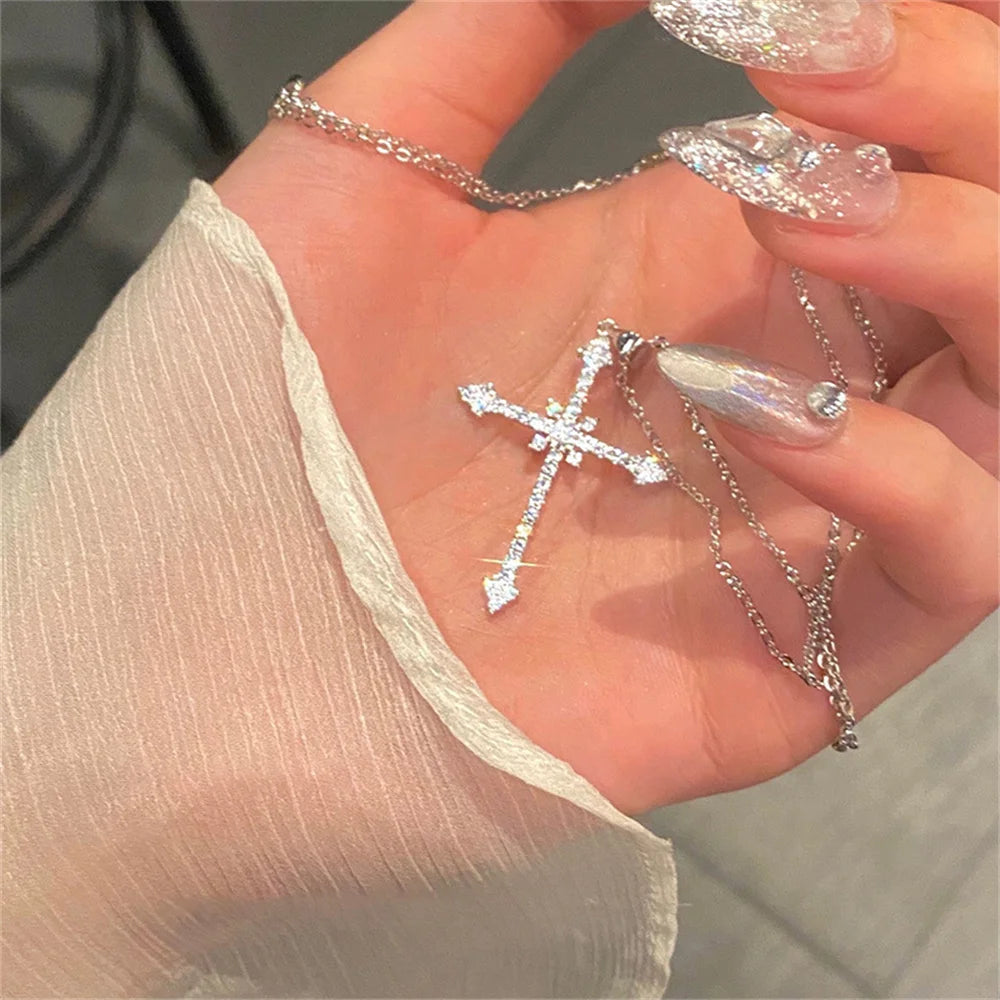 4– Elegant Crystal Cross Pendant Necklace Silver Color Star Ladies Necklace Fashion Party Jewelry Women Gift Wholesale