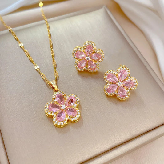 1– Stainless Steel Cherry Flower Pendant Necklace Earrings Ear Sets Wedding Bridal Cubic Zirconia Crystal Jewelry Sets Wholesale