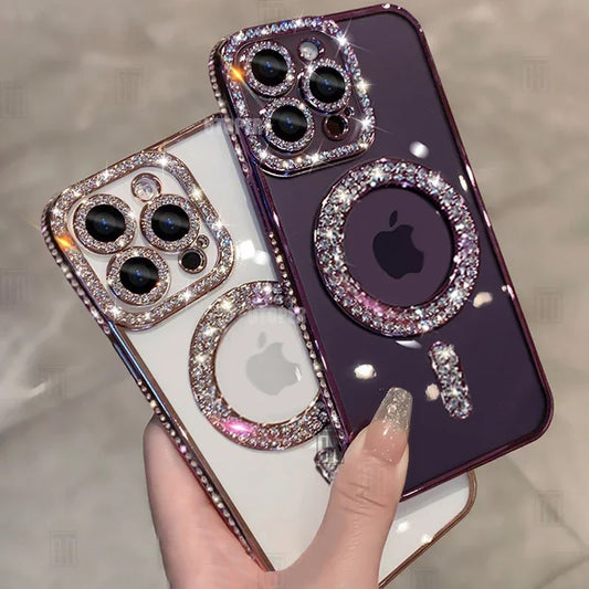 High-grade Glitter Rhinestones Phone Case For iPhone 16 15 11 12 13 14 Pro Max 16 Plus Magsafe Magnetic Clear Lens Protect Cover