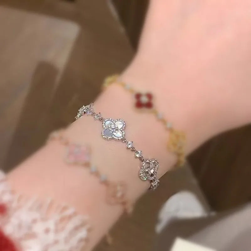 2– Fashion Shell Stone Crystal Pink Mother-Of-Pearl Four-Leaf Clover Bracelet For Women Personalized Vintage Jewelry Accessories