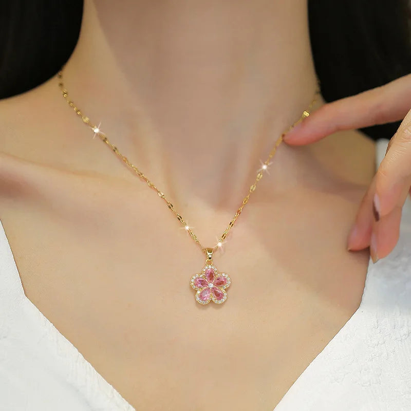 1– Stainless Steel Cherry Flower Pendant Necklace Earrings Ear Sets Wedding Bridal Cubic Zirconia Crystal Jewelry Sets Wholesale